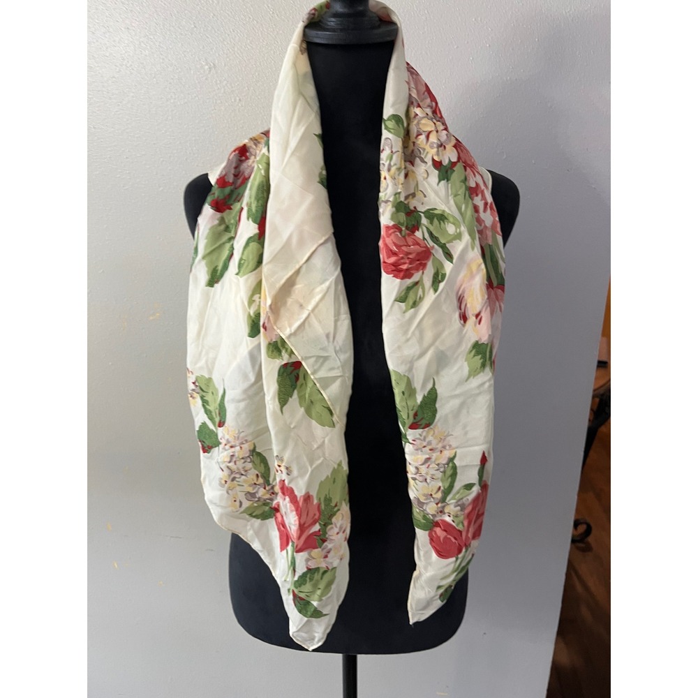 ECHO Silk Scarf Floral Rose Print Womens OS Ivory Red Vintage Aesthetic Luxury